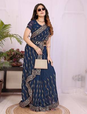 Navy blue georgette embroidery work saree with matching blouse piece 4