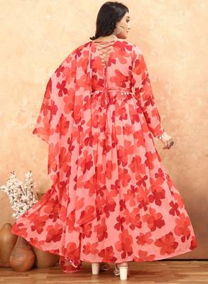 Women red floral print georgette fit & flare gown 2
