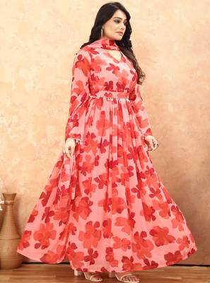 Women red floral print georgette fit & flare gown 3