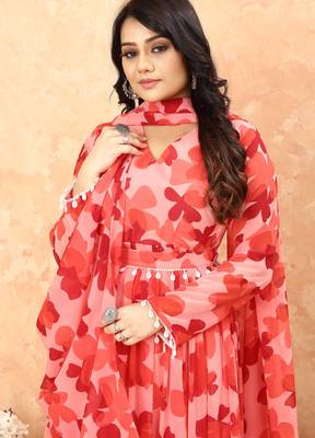 Women red floral print georgette fit & flare gown 4