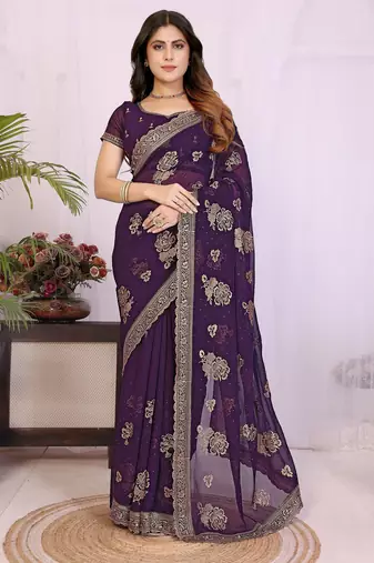 Purple georgette embroidery work saree with matching blouse piece