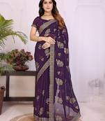 Purple georgette embroidery work saree with matching blouse piece