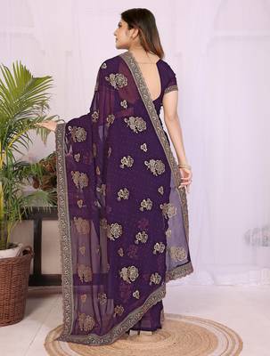 Purple georgette embroidery work saree with matching blouse piece 2
