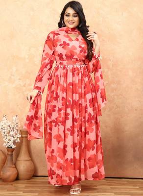 Women red floral print georgette fit & flare gown 5