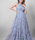 Women grey geometric print pattern georgette fit & flare gown