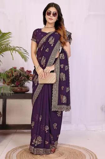 Purple georgette embroidery work saree with matching blouse piece