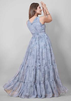 Women grey geometric print pattern georgette fit & flare gown 2