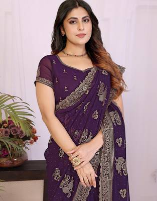Purple georgette embroidery work saree with matching blouse piece 5