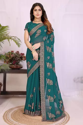 Teal georgette embroidery work saree with matching blouse piece