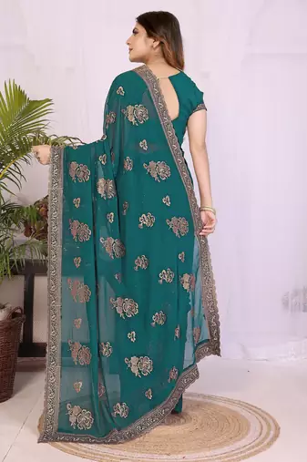 Teal georgette embroidery work saree with matching blouse piece