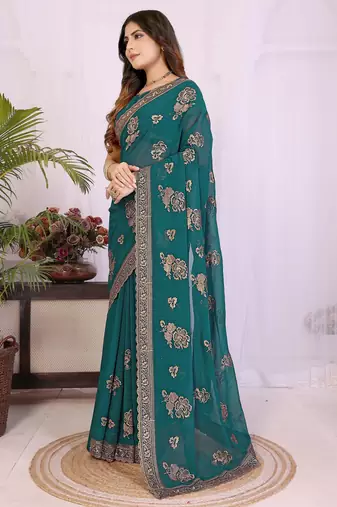 Teal georgette embroidery work saree with matching blouse piece