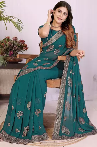 Teal georgette embroidery work saree with matching blouse piece