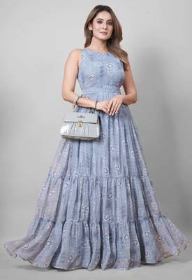 Women grey geometric print pattern georgette fit & flare gown 5