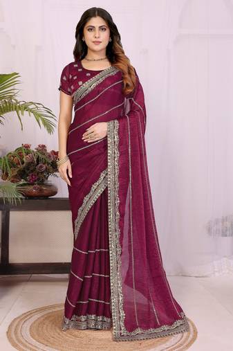 Burgundy fendy chiffon embroidery work saree with matching blouse piece