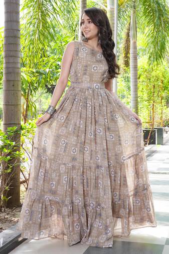 Women beige geometric print pattern georgette fit & flare gown
