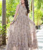 Women beige geometric print pattern georgette fit & flare gown