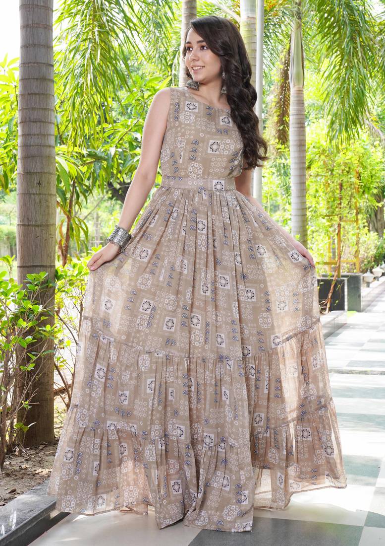 Women beige geometric print pattern georgette fit & flare gown