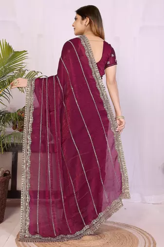Burgundy fendy chiffon embroidery work saree with matching blouse piece