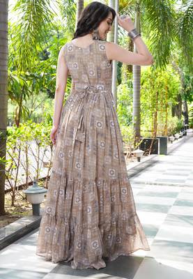 Women beige geometric print pattern georgette fit & flare gown 2