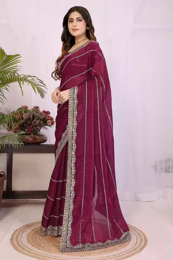 Burgundy fendy chiffon embroidery work saree with matching blouse piece