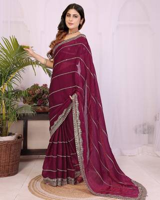 Burgundy fendy chiffon embroidery work saree with matching blouse piece 4