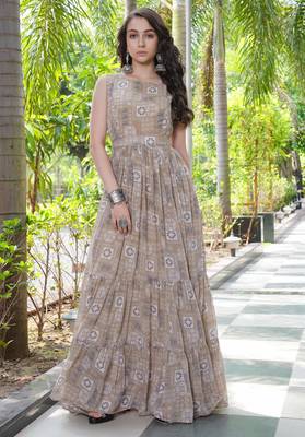 Women beige geometric print pattern georgette fit & flare gown 5