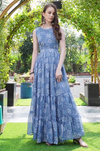 Women blue geometric print pattern georgette fit & flare gown