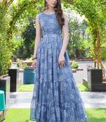 Women blue geometric print pattern georgette fit & flare gown