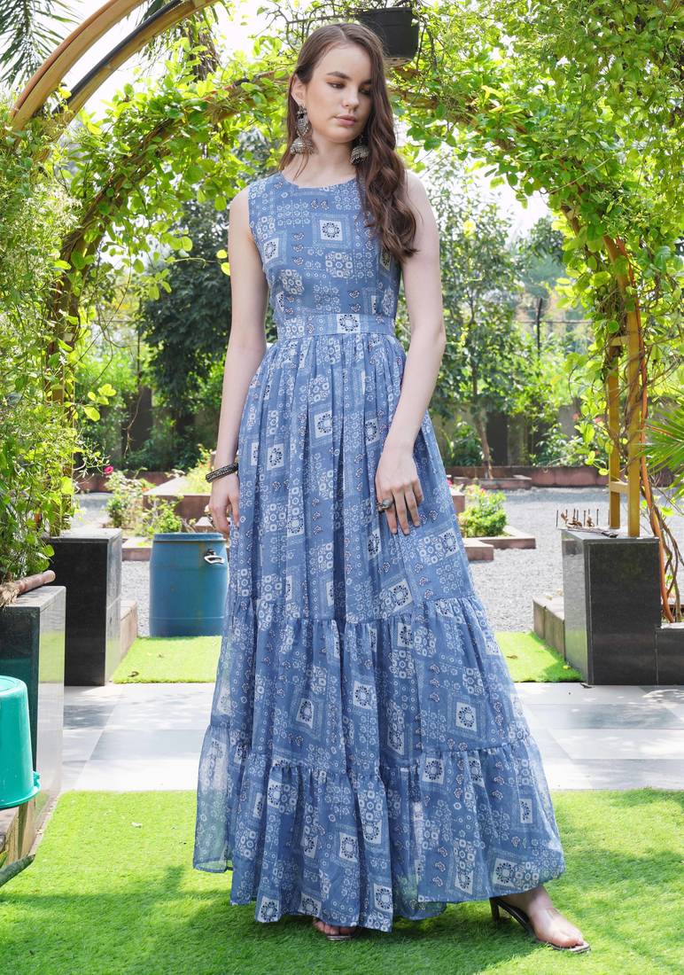 Women blue geometric print pattern georgette fit & flare gown