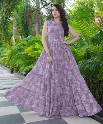 Women purple geometric print pattern georgette fit & flare gown 1