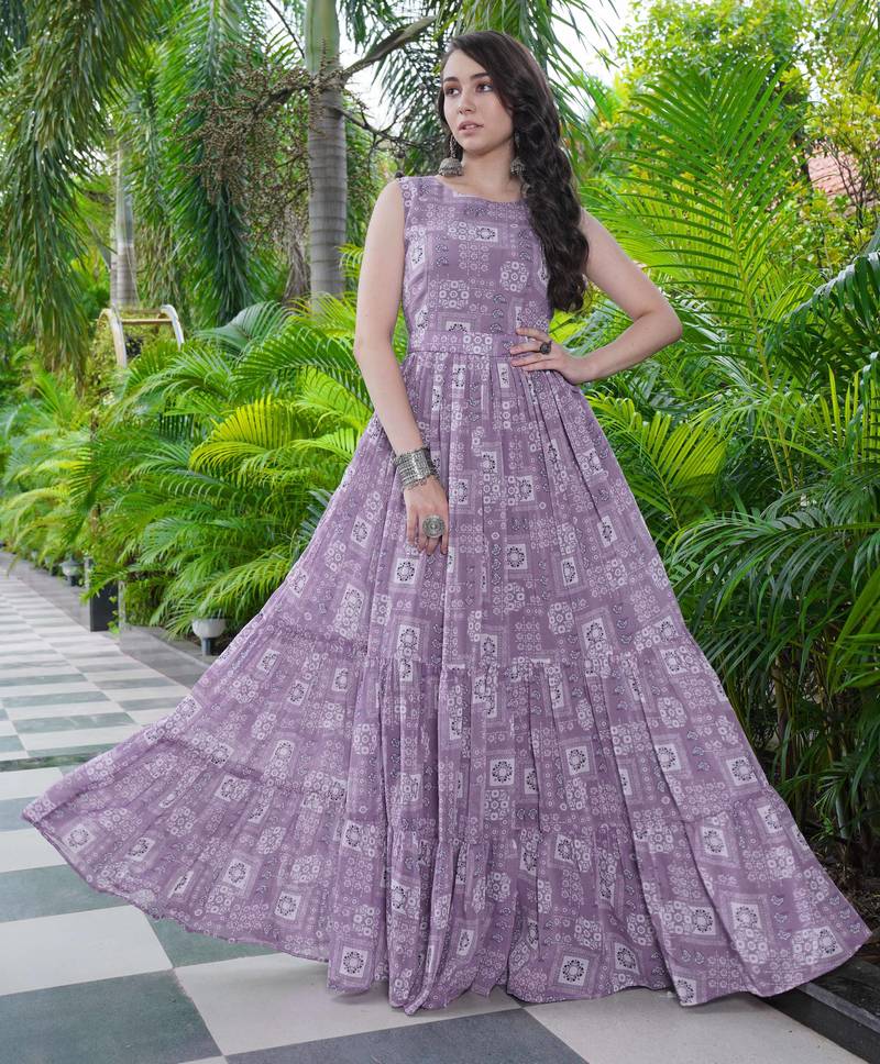 Women purple geometric print pattern georgette fit & flare gown