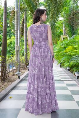 Women purple geometric print pattern georgette fit & flare gown 2