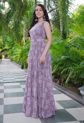 Women purple geometric print pattern georgette fit & flare gown 3
