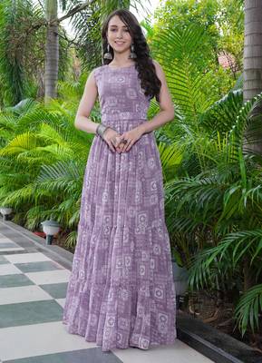 Women purple geometric print pattern georgette fit & flare gown 5