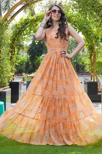Women orange geometric print pattern georgette fit & flare gown