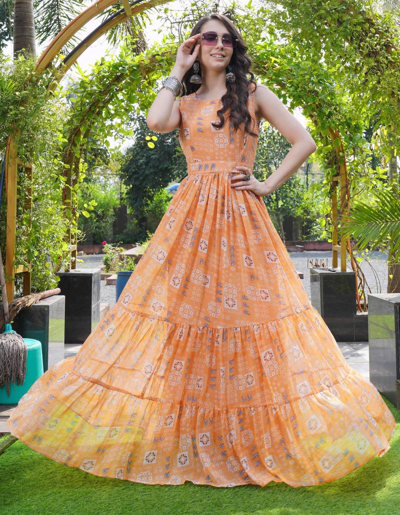 Women orange geometric print pattern georgette fit & flare gown