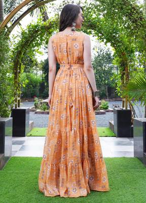 Women orange geometric print pattern georgette fit & flare gown 2