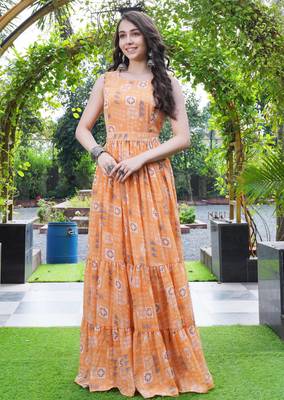 Women orange geometric print pattern georgette fit & flare gown 5
