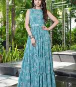 Women turquoise blue geometric print pattern georgette fit & flare gown