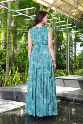 Women turquoise blue geometric print pattern georgette fit & flare gown 2