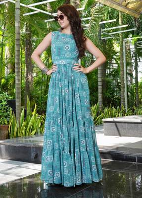 Women turquoise blue geometric print pattern georgette fit & flare gown 4