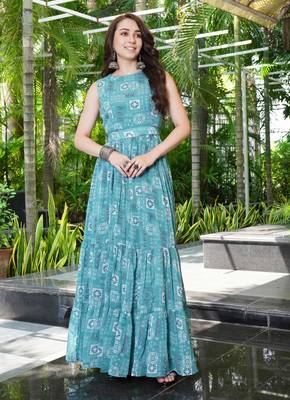 Women turquoise blue geometric print pattern georgette fit & flare gown 5