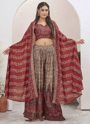 Women maroon bandhani print silk blend 3 piece shrug indo western 1