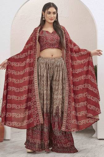 Women maroon bandhani print silk blend 3 piece shrug indo western