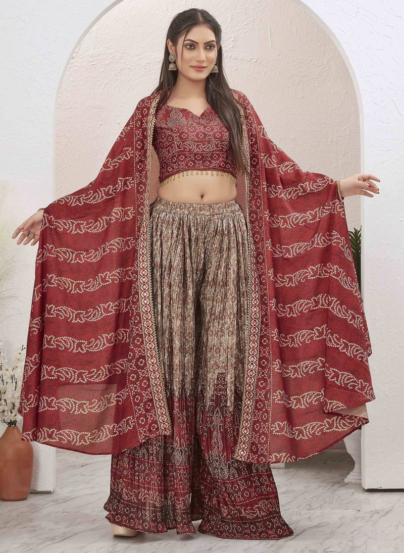 Women maroon bandhani print silk blend 3 piece shrug indo western