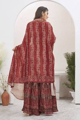Women maroon bandhani print silk blend 3 piece shrug indo western 2