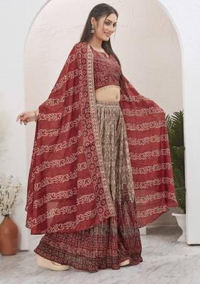 Women maroon bandhani print silk blend 3 piece shrug indo western 3