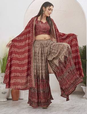 Women maroon bandhani print silk blend 3 piece shrug indo western 5