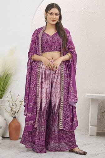 Women wine bandhani print silk blend 3 piece shrug indo western