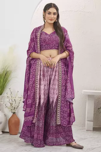 Women wine bandhani print silk blend 3 piece shrug indo western
